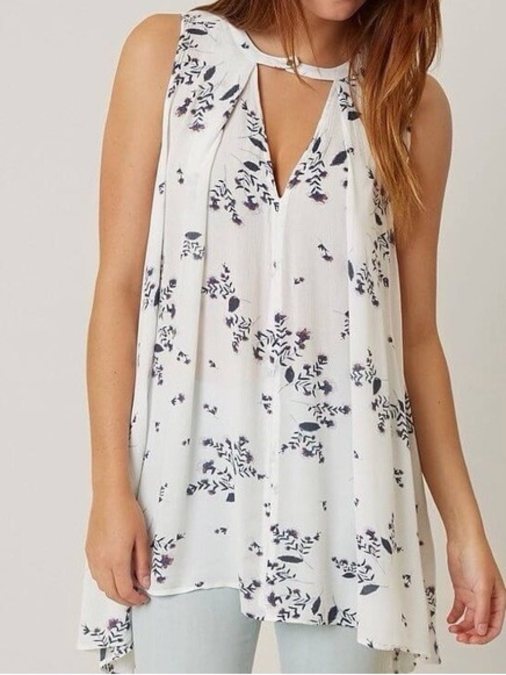 Free People White Floral Sleeveless Tank